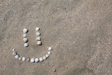 Smile figure laid out on the sand from the shells. Close-up. Copy space. There is a place for text. The concept of summer.