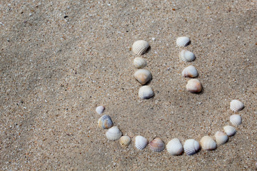 Fototapeta na wymiar Smile figure laid out on the sand from the shells. Close-up. Copy space. There is a place for text. The concept of summer.