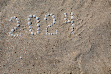The figure "2024" is laid out on sand with shells. There is free space, space for text.