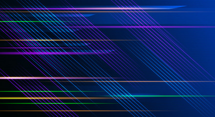 Illustration Abstract glowing, neon light effect, wave line, wavy pattern. Vector design communication techno on blue background. Futuristic digital technology for web or banner background