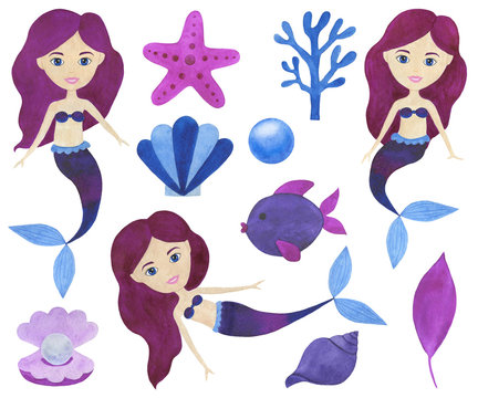 Mermaid watercolor beautiful set of illustrations Maritime collection of fairytale characters Underwater landscape corals starfish shells pearl Isolated marine drawings