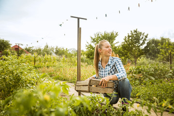 Young farmer working at her garden in sunny day. Woman engaged in the cultivation of eco friendly...