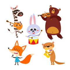 Obraz premium Collection of cartoon animals with muzical instruments isolated on white.