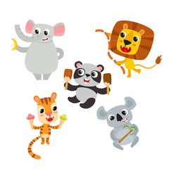 Collection of cute cartoon animals with meal isolated on white.