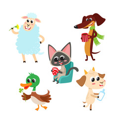 Naklejka premium Collection of cute cartoon animals with meal isolated on white.
