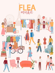 Fototapeta na wymiar Flea market poster with people selling and shopping at walking street, vintage clothes and accessories shop on Paris background, cartoon flat design. Editable vector illustration