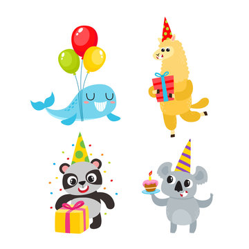 Collection of cartoon animals with gifts, balloons isolated on white.