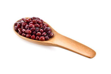 Red bean seeds In wooden spoon on white background