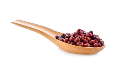 Red bean seeds In wooden spoon on white background