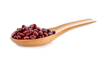 Red bean seeds In wooden spoon on white background