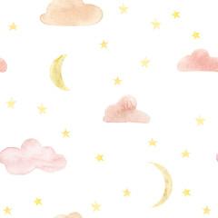 Seamless pattern. Hand painted watercolor gold moon, clouds, stars. Magic design decor children's design