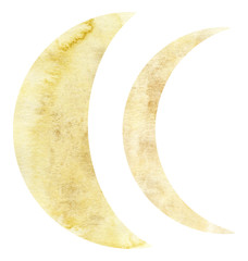 Hand painted watercolor gold moon. Yellow moons. Magic design decor printing on textiles, packaging
