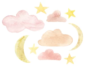 Fototapete Wolken Handgemalter Aquarellgoldmond, Wolken und Sterne. Magic Design Dekordruck auf Textilien