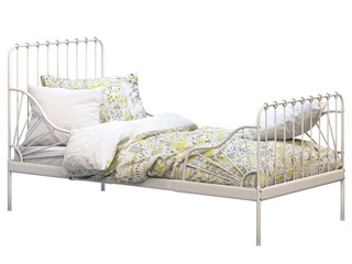 White metal frame single children's bed with colorful linen. 3d render