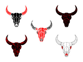 Vector set of hand drawn skulls bull with grunge elements in different variants on a white background. In black and red colors.