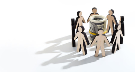 Round of wooden human businessmen deciding what to do with dollars