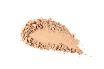 Face powder texture isolated on white background. Nude broken eye shadow smear. Crushed light beige...