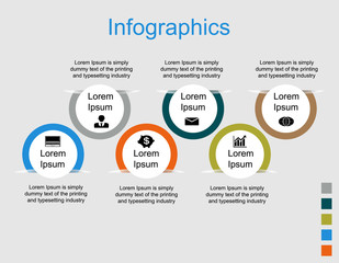 Infographics circles cut into six steps with text icons