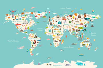 Weltkarte-Vektor-Illustration. Sehenswürdigkeiten, Sehenswürdigkeiten und Tiere zeichnen Handsymbol. Weltvektorposter für Kinder, niedlich illustriert. Reisekonzeptkarte