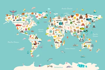 Selbstklebende Fototapete Weltkarte Weltkarte-Vektor-Illustration. Wahrzeichen, Sehenswürdigkeiten und Tiere Handsymbol zeichnen. Weltvektorplakat für Kinder, niedlich illustriert. Reisekonzeptkarte