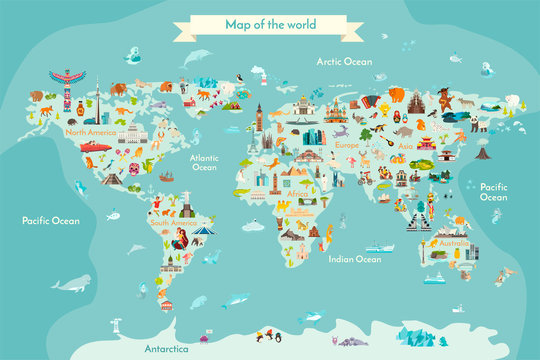 World travel map with landmarks, animals and sight of country. Vector Illustration © coffeee_in