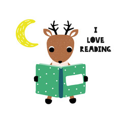 Obraz na płótnie Canvas Cute deer reading storybook. Kids graphic with quote. Vector hand drawn illustration.
