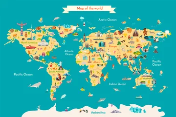 Cercles muraux Chambre denfants Illustration vectorielle de carte du monde avec points de repère. Carte de voyage avec repères, animaux et vue du pays.