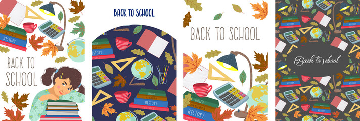 Back to school! Set vector illustrations for a poster, banner or card with stationery, books, schoolgirl, pencil, ruler, calculator and other