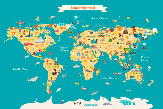 World map vector illustration with landmarks. Travel map with landmarks, animals and sight of country. © coffeee_in