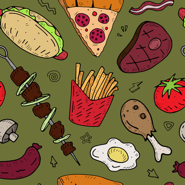 seamless pattern with cartoon food on neutral background