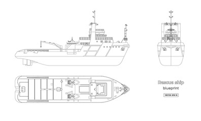 Outline blueprint of rescue ship on white background. Top, side and front view. Industry drawing. Isolated image of boat