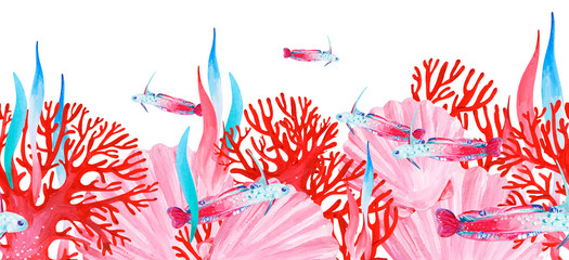 Gouache pink undersea seamless border with pink shells, fishes, saeweed and red coral