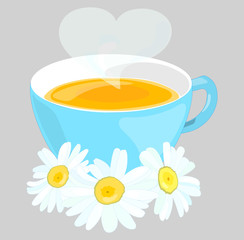 Chamomile. Chamomile tea. Blue mug of tea. Illustration