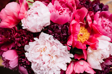 Beautiful seasonal white, pink and magenta peonies texture, close up view