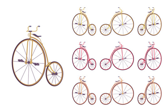 Penny farthing bike set. Retro fashion high wheel bicycle for entertainment, recreational pastime and sport. Vector flat style cartoon illustration isolated on white background, different views, color
