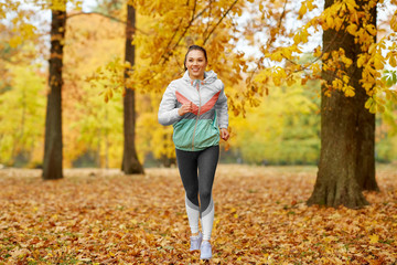 fitness, sport, people and healthy lifestyle concept - young woman running in autumn park