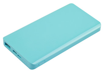 Turquoise portable battery, isolated on white background.