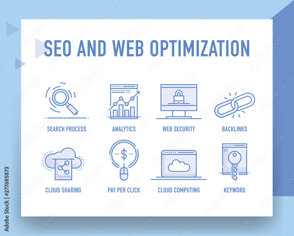 Poster seo and web optimization line icon set