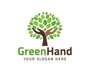 Human hands and tree with green leaves. Logo, symbol, icon, illustration, vector, template, design