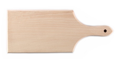 Wooden chopping board isolated on white background, top view