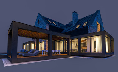 3d rendering of modern cozy clinker house on the ponds with garage and pool for sale or rent in night with cozy light from window. Isolated on gray