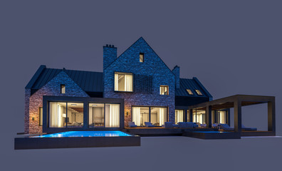 3d rendering of modern cozy clinker house on the ponds with garage and pool for sale or rent in night with cozy light from window. Isolated on gray