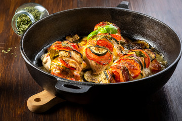 baked chicken breast on a cast iron skillet