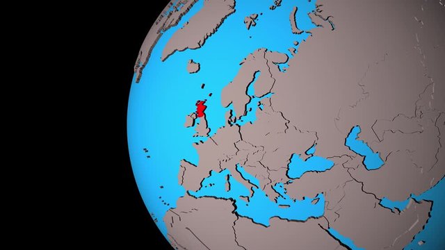 Closing in on Scotland on political 3D globe. 3D illustration.