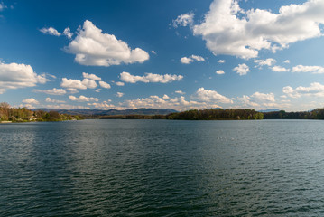Zermanice water reservoir with hills of Moravskoslezske Beskydy mountains on the background near...