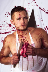 bloody halloween. cannibalism. donation donar. meatman in butcher shop, butchery. zombie. medical...