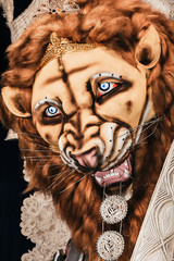 Kolkata India October 2018 - Close up portrait of Screaming horror face of King Bengal Tiger Head....