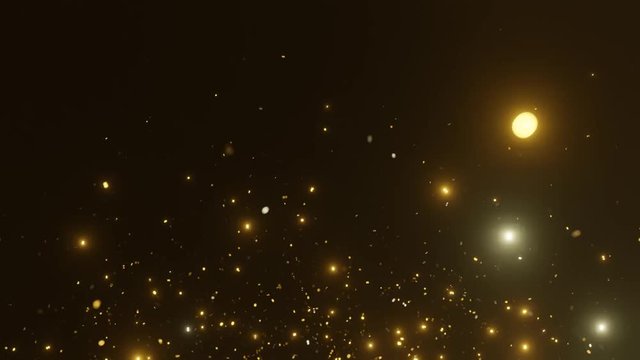 Golden confetti shoots and falls down on the black screen. Bright Golden shimmer. 3D animation 4K