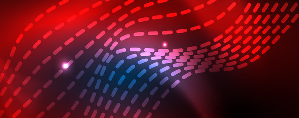 Fototapeta premium Smooth wave lines on blue neon color light background. Glowing abstract wave on dark, shiny motion, magic space light