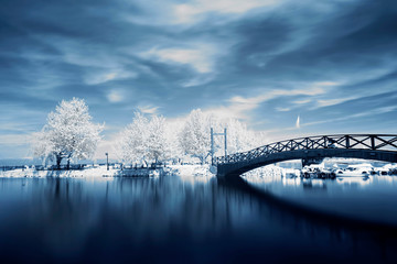 wall landscape infrared photo amazing nature lake with reflection white and blue.